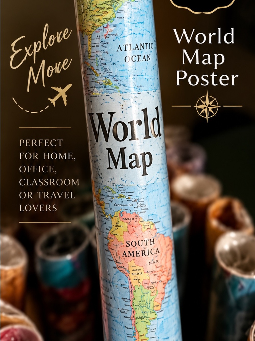 NWT in plastic World Map Poster Wall Art - Blue and Multicolor